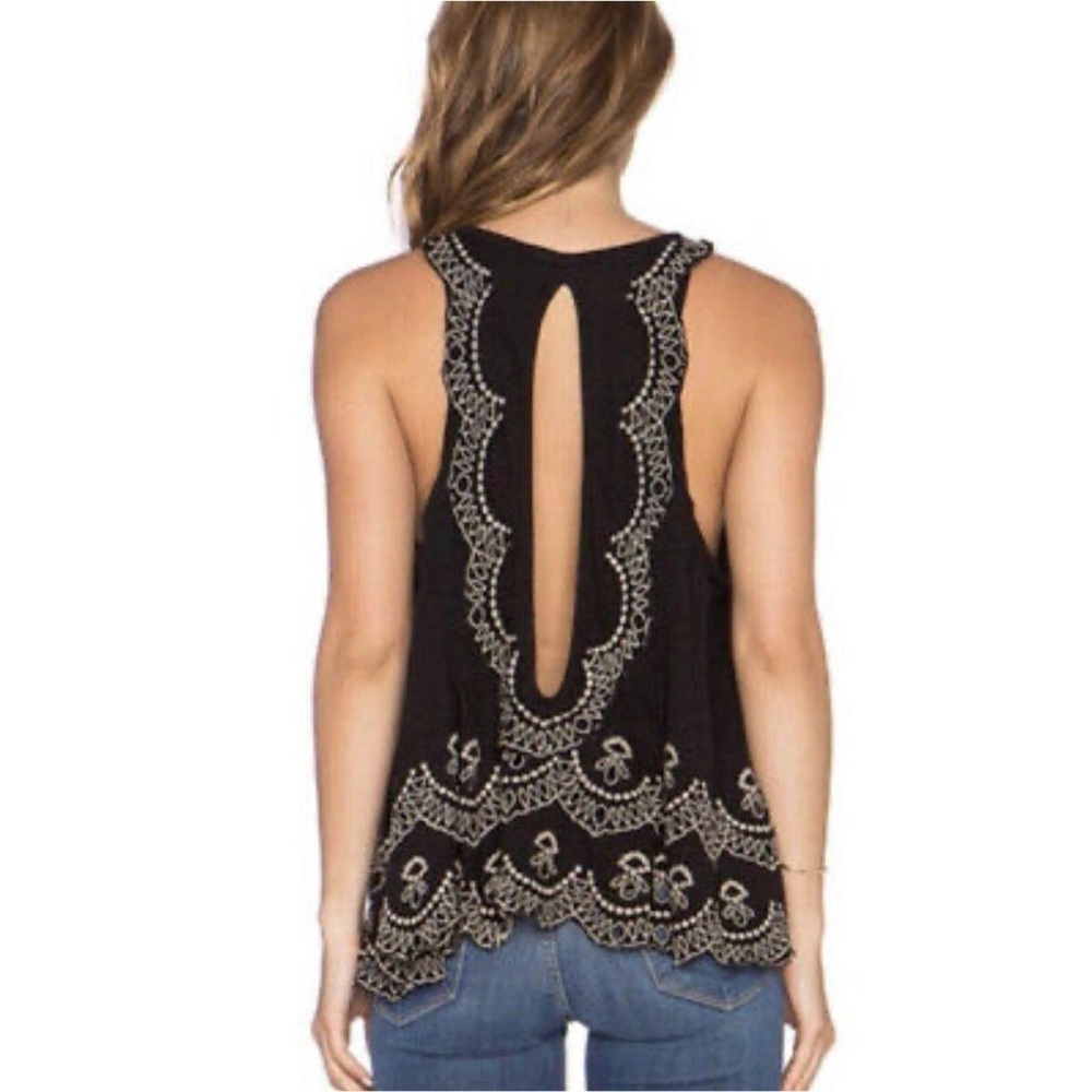 Free People Black Toosaloosa Slub Attina Embroidered  Flowy Tank size Large